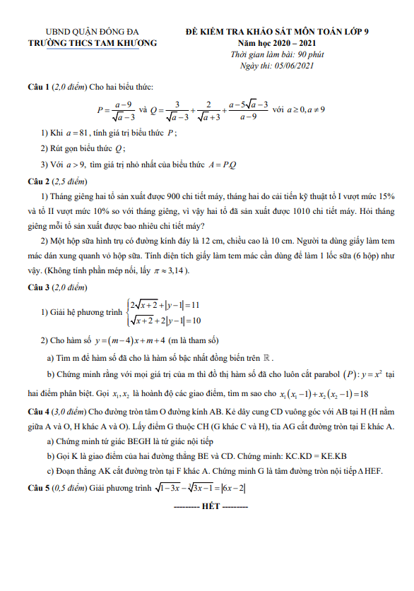 Đề kiểm tra Toán 9 năm 2020 – 2021 trường THCS Tam Khương – Hà Nội