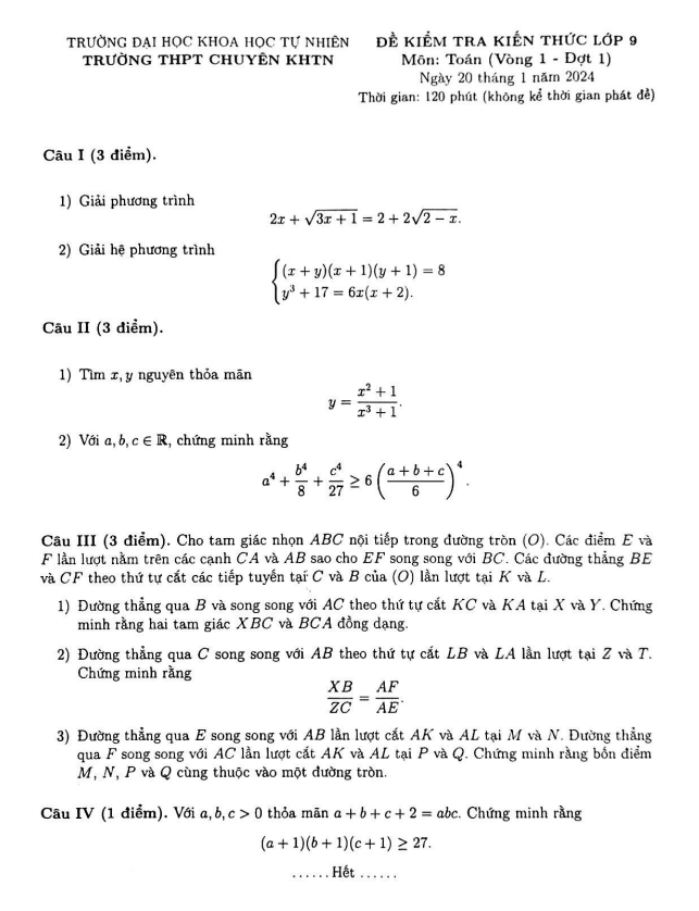 Đề kiểm tra Toán 9 năm 2023 – 2024 trường chuyên KHTN – Hà Nội (Vòng 1 – Đợt 1)