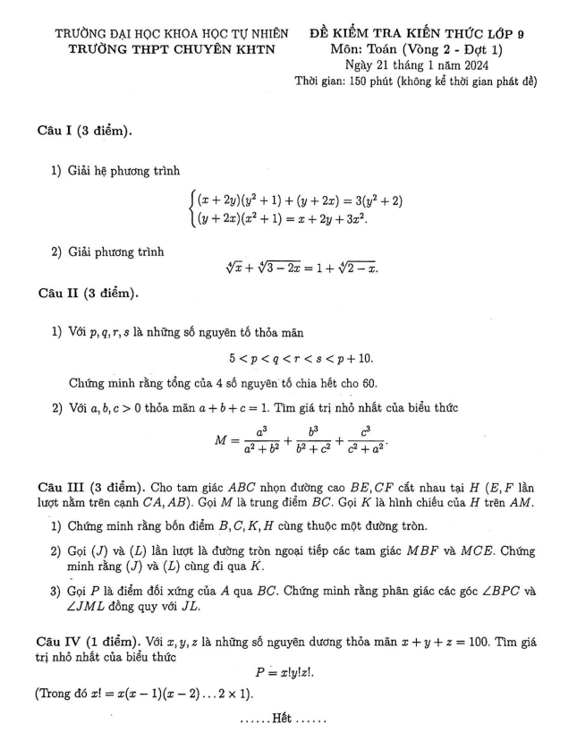Đề kiểm tra Toán 9 năm 2023 – 2024 trường chuyên KHTN – Hà Nội (Vòng 2 – Đợt 1)