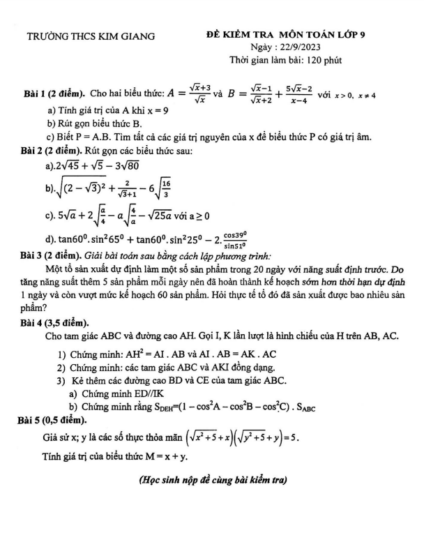 Đề kiểm tra Toán 9 năm 2023 – 2024 trường THCS Kim Giang – Hà Nội