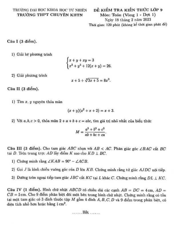 Đề kiểm tra Toán 9 năm 2023 trường chuyên KHTN – Hà Nội (Vòng 1 – Đợt 1)