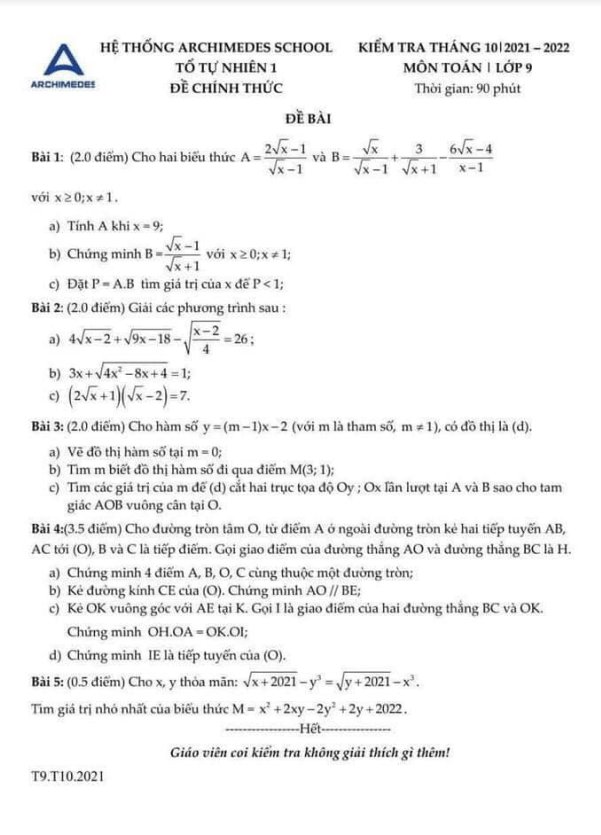 Đề kiểm tra Toán 9 tháng 10 năm 2021 trường THCS Archimedes Academy – Hà Nội