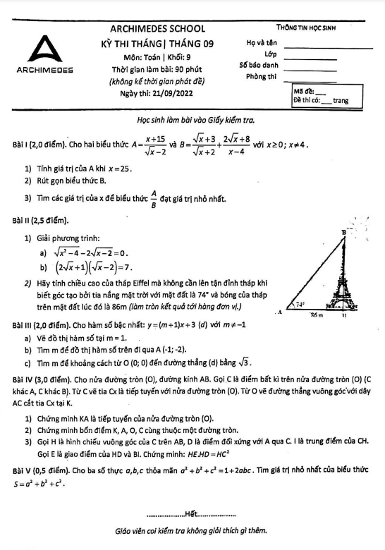 Đề kiểm tra Toán 9 tháng 9 năm 2022 hệ thống giáo dục Archimedes School – Hà Nội