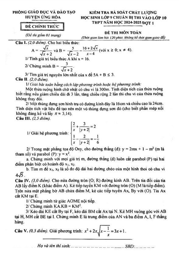 Đề kiểm tra Toán 9 thi vào 10 năm 2024 – 2025 đợt 1 phòng GD&ĐT Ứng Hòa – Hà Nội