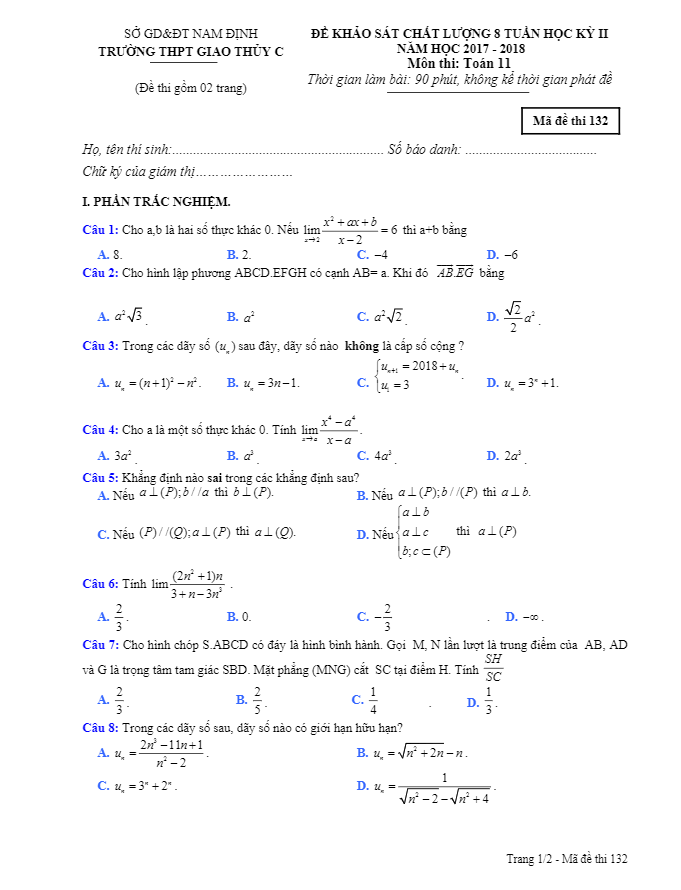Đề KSCL 8 tuần HK2 Toán 11 năm 2017 – 2018 trường Giao Thủy C – Nam Định