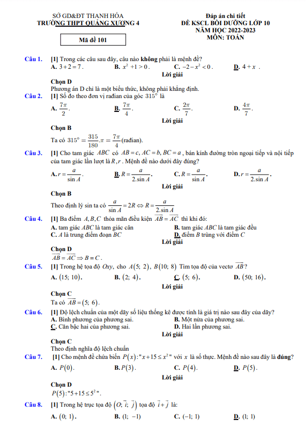 Đề KSCL bồi dưỡng Toán 10 năm 2022 – 2023 trường Quảng Xương 4 – Thanh Hóa