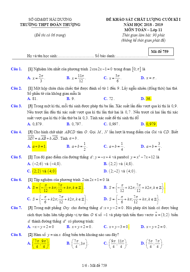 Đề KSCL cuối kỳ 1 Toán 11 năm học 2018 – 2019 trường THPT Đoàn Thượng – Hải Dương