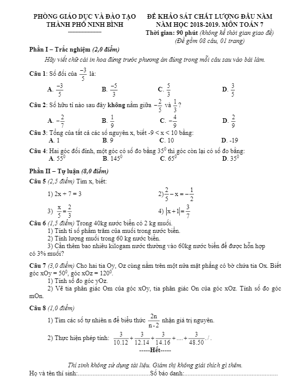 Đề KSCL đầu năm 2018 – 2019 Toán 7 phòng GD và ĐT thành phố Ninh Bình