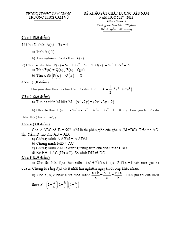 Đề KSCL đầu năm năm học 2017 – 2018 môn Toán 8 trường THCS Cẩm Vũ – Hải Dương
