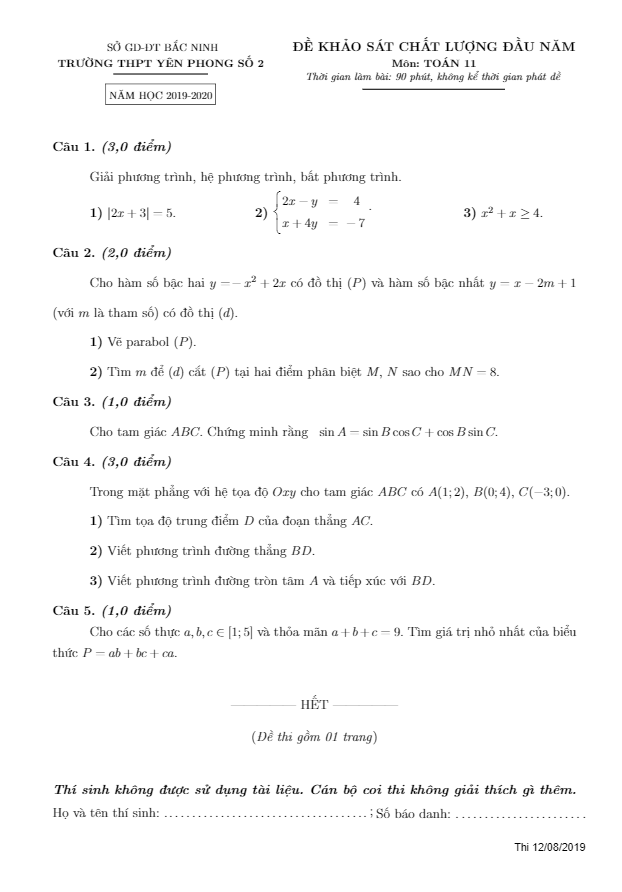 Đề KSCL đầu năm Toán 11 năm 2019 – 2020 trường Yên Phong 2 – Bắc Ninh