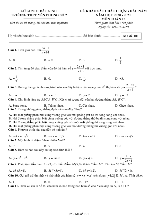 Đề KSCL đầu năm Toán 12 năm 2020 – 2021 trường Yên Phong 2 – Bắc Ninh