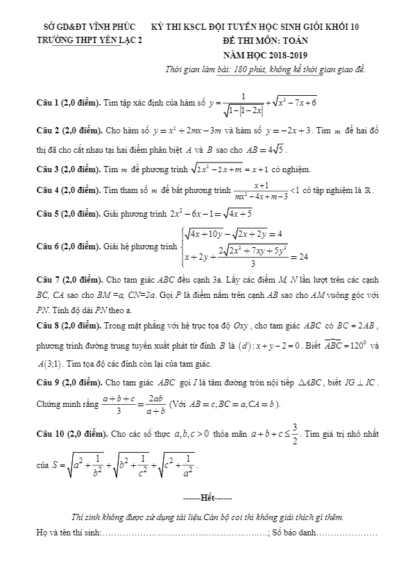 Đề KSCL đội tuyển HSG Toán 10 năm 2018 – 2019 trường Yên Lạc 2 – Vĩnh Phúc