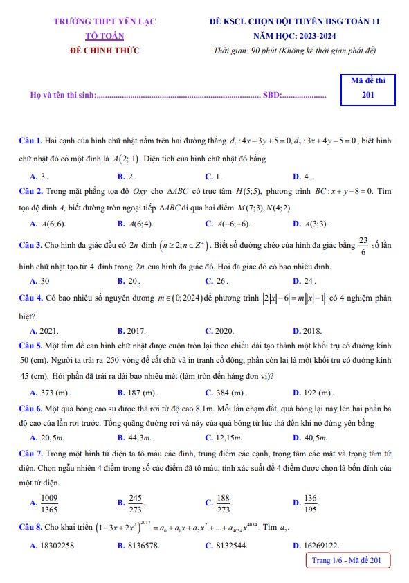 Đề KSCL đội tuyển HSG Toán 11 năm 2023 – 2024 trường THPT Yên Lạc – Vĩnh Phúc