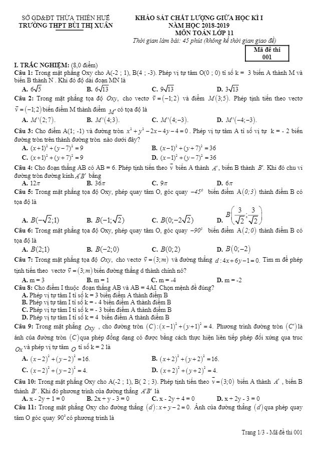 Đề KSCL giữa HK1 Toán 11 năm 2018 – 2019 trường THPT Bùi Thị Xuân – TT. Huế