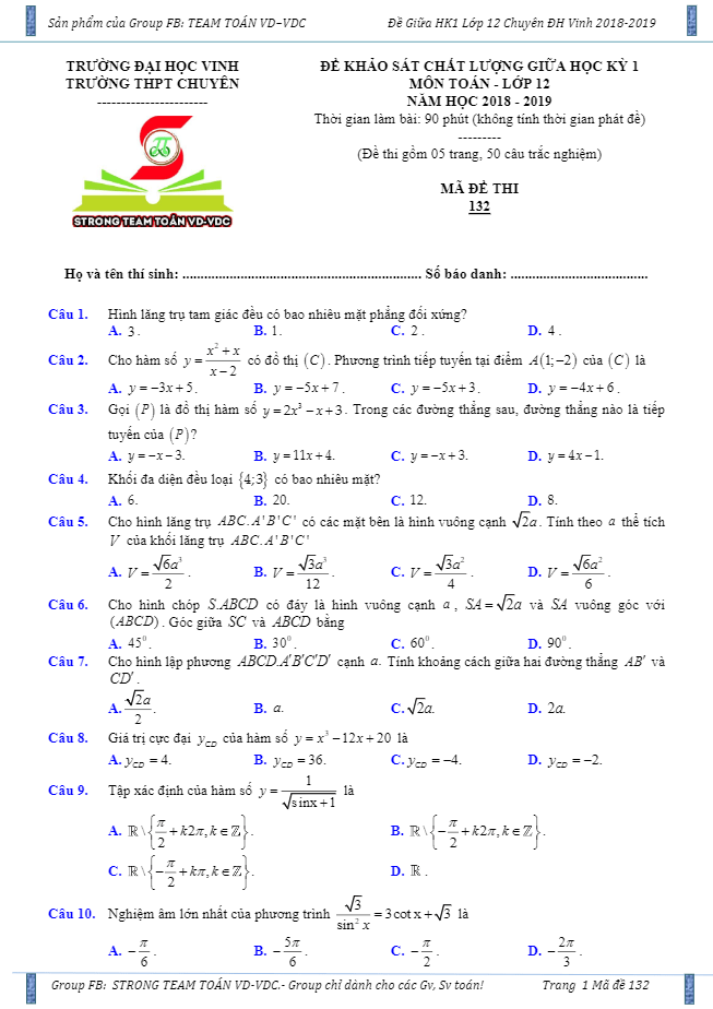 Đề KSCL giữa HK1 Toán 12 năm 2018 – 2019 trường THPT chuyên Đại học Vinh – Nghệ An