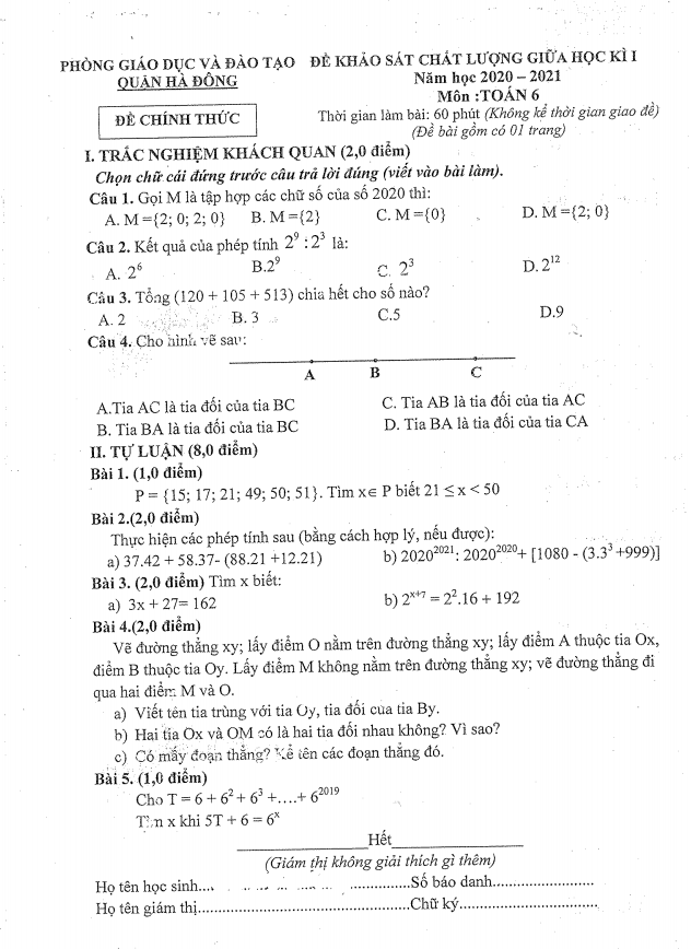 Đề KSCL giữa học kì 1 Toán 6 năm 2020 – 2021 phòng GD&ĐT Hà Đông – Hà Nội