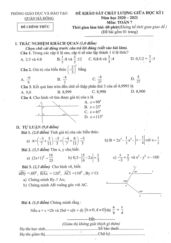 Đề KSCL giữa học kì 1 Toán 7 năm 2020 – 2021 phòng GD&ĐT Hà Đông – Hà Nội