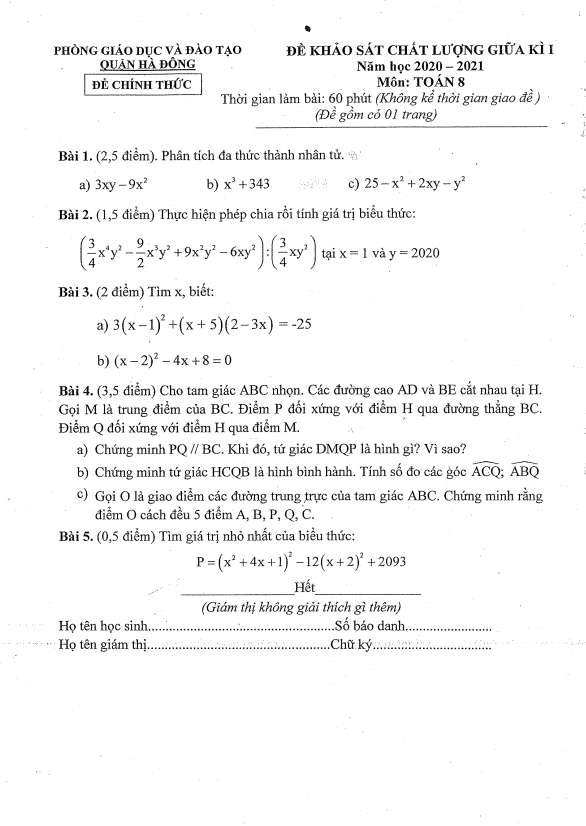 Đề KSCL giữa học kì 1 Toán 8 năm 2020 – 2021 phòng GD&ĐT Hà Đông – Hà Nội