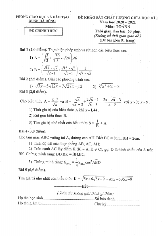 Đề KSCL giữa học kì 1 Toán 9 năm 2020 – 2021 phòng GD&ĐT Hà Đông – Hà Nội