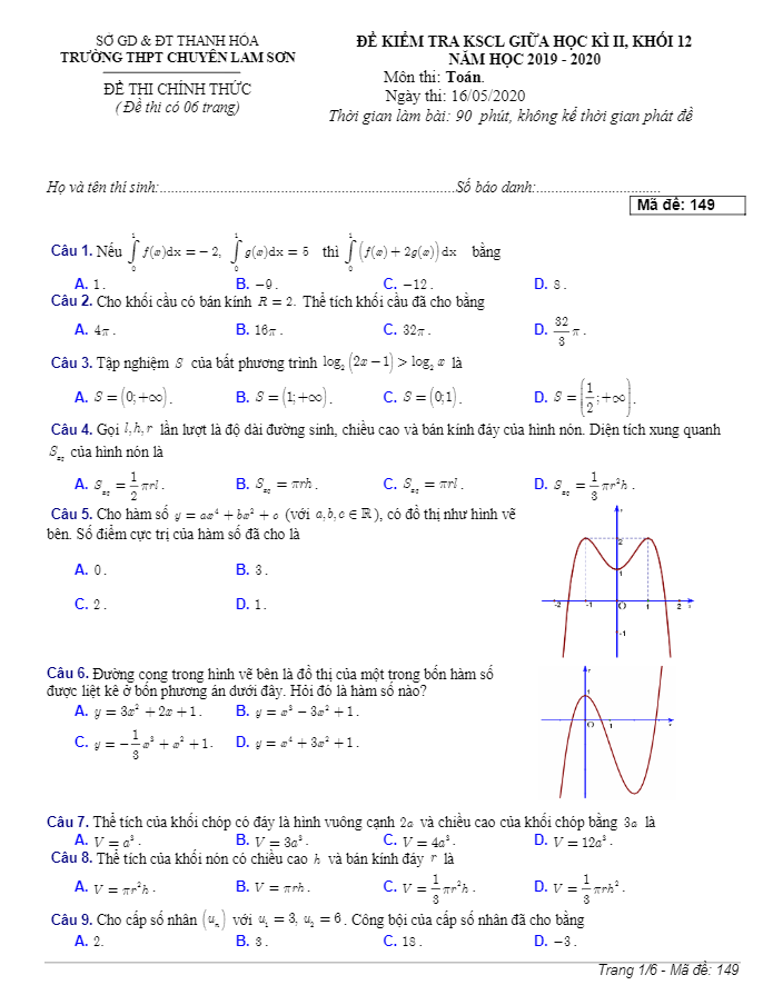 Đề KSCL giữa học kì 2 Toán 12 năm 2019 – 2020 trường chuyên Lam Sơn – Thanh Hóa