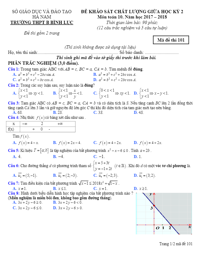 Đề KSCL giữa học kỳ 2 Toán 10 năm 2017 – 2018 trường B Bình Lục – Hà Nam