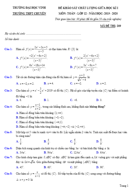 Đề KSCL giữa kì 1 Toán 12 năm 2019 – 2020 trường chuyên ĐH Vinh – Nghệ An