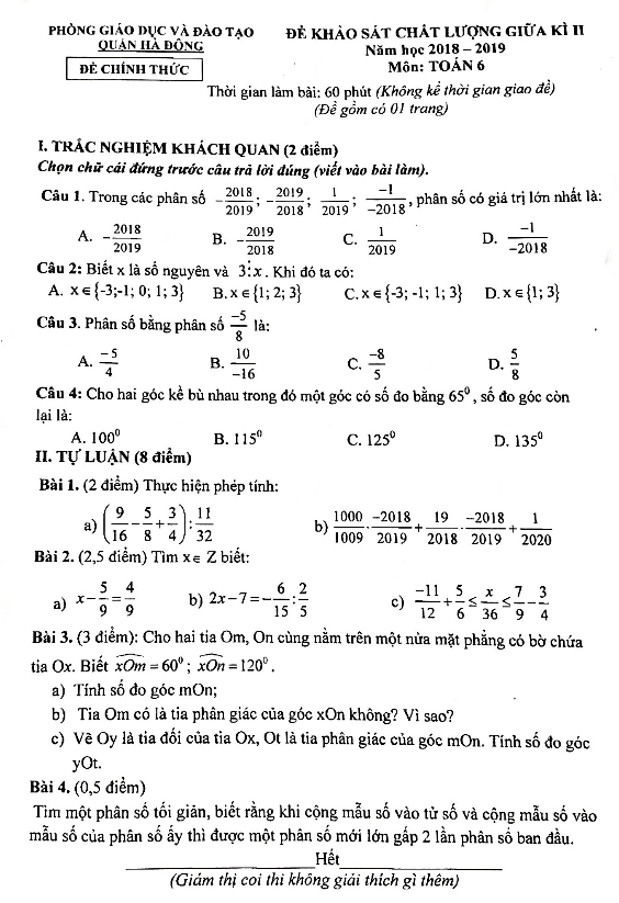 Đề KSCL giữa kì 2 Toán 6 năm 2018 – 2019 phòng GD&ĐT Hà Đông – Hà Nội