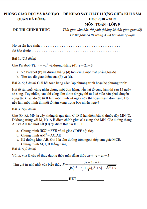 Đề KSCL giữa kì 2 Toán 9 năm 2018 – 2019 phòng GD&ĐT Hà Đông – Hà Nội