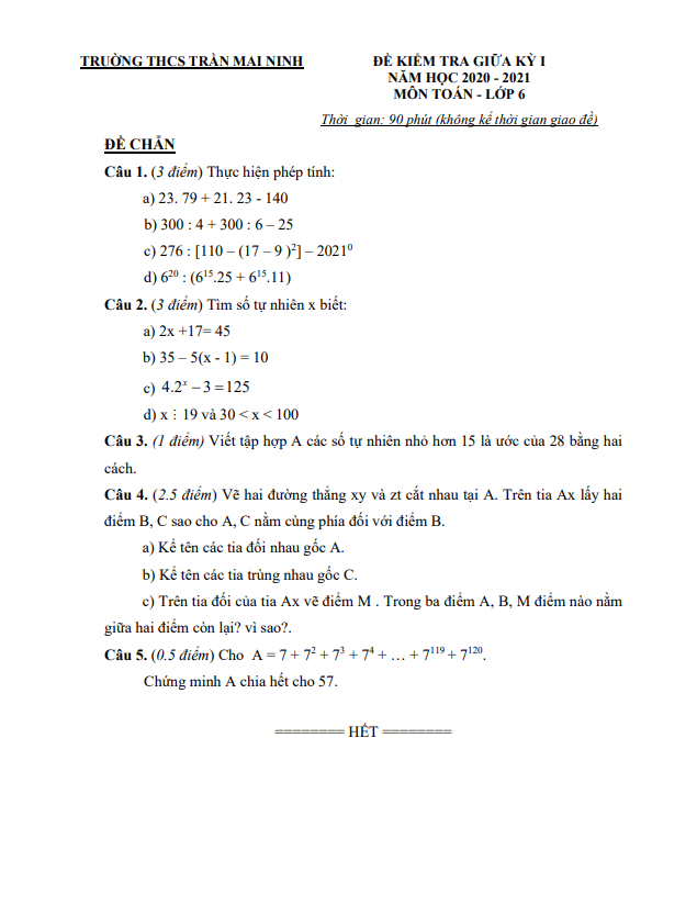 Đề KSCL giữa kỳ 1 Toán 6 năm 2020 – 2021 trường THCS Trần Mai Ninh – Thanh Hóa