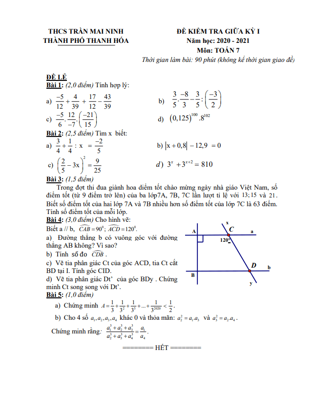 Đề KSCL giữa kỳ 1 Toán 7 năm 2020 – 2021 trường THCS Trần Mai Ninh – Thanh Hóa