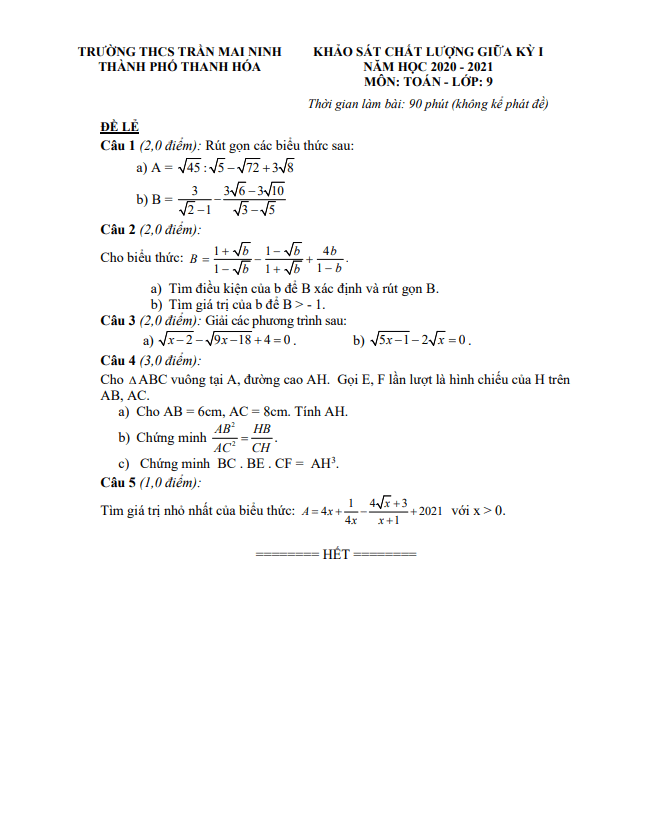 Đề KSCL giữa kỳ 1 Toán 9 năm 2020 – 2021 trường THCS Trần Mai Ninh – Thanh Hóa