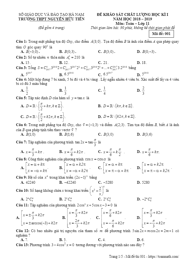 Đề KSCL HK1 Toán 11 năm 2018 – 2019 trường Nguyễn Hữu Tiến – Hà Nam