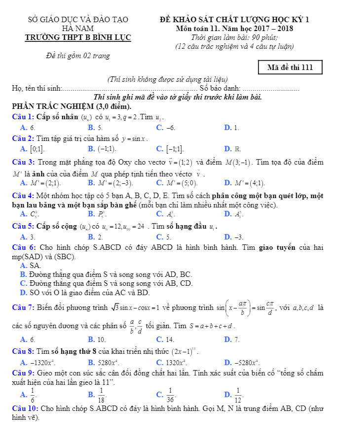 Đề KSCL học kỳ 1 Toán 11 năm học 2017 – 2018 trường THPT B Bình Lục – Hà Nam