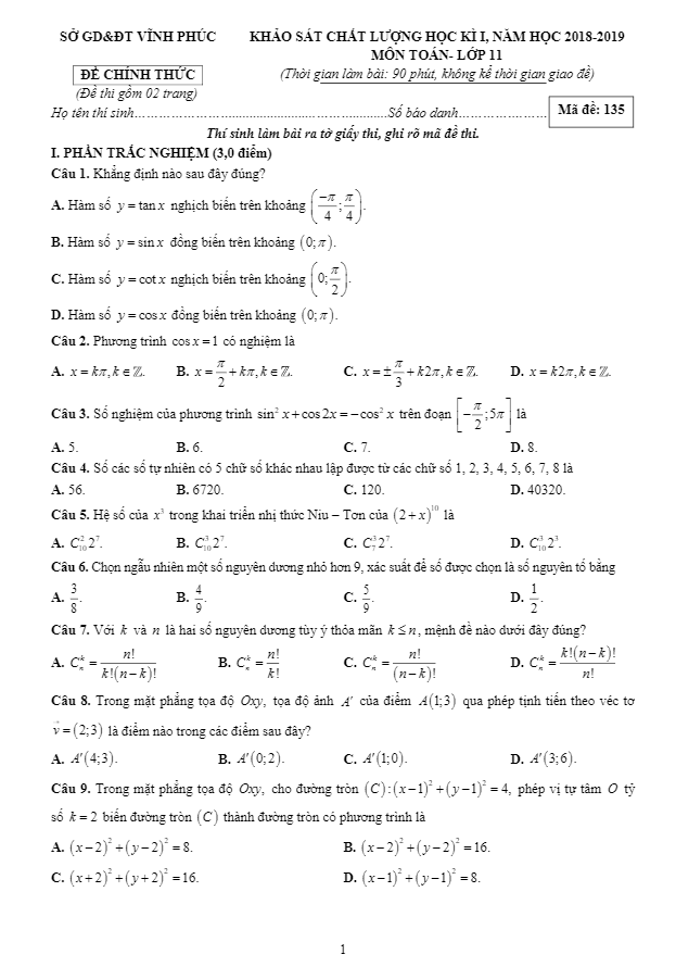 Đề KSCL học kỳ 1 Toán 11 năm học 2018 – 2019 sở GD và ĐT Vĩnh Phúc