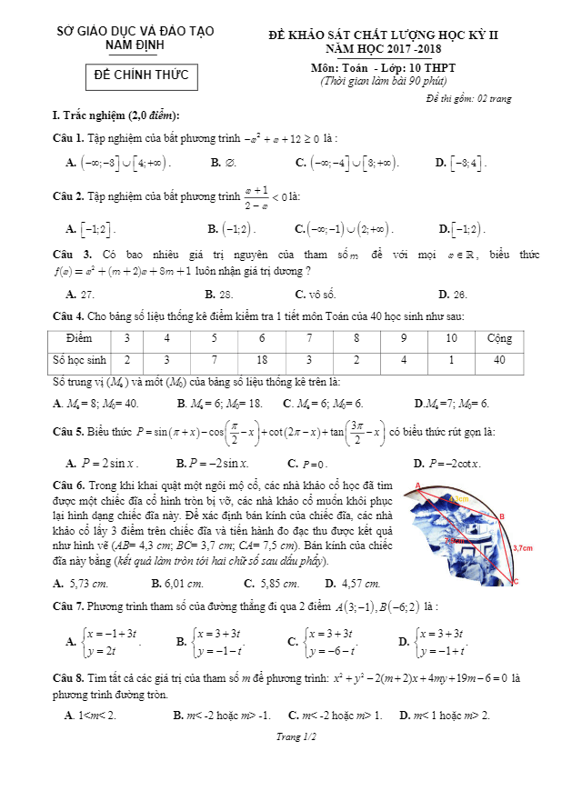 Đề KSCL học kỳ 2 Toán 10 THPT năm 2017 – 2018 sở GD và ĐT Nam Định