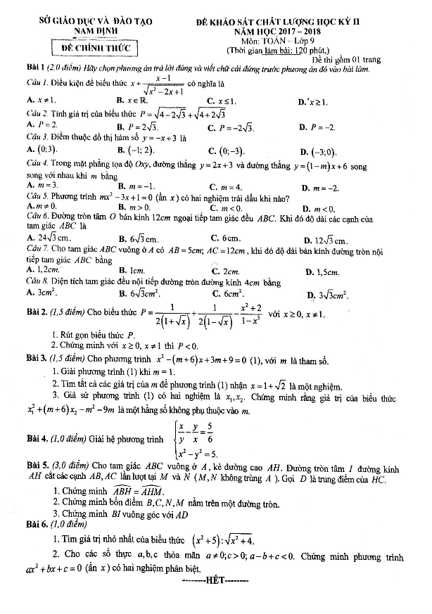 Đề KSCL học kỳ 2 Toán 9 năm học 2017 – 2018 sở GD và ĐT Nam Định