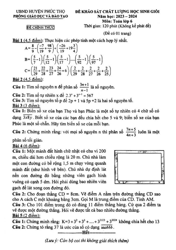 Đề KSCL học sinh giỏi Toán 6 năm 2023 – 2024 phòng GD&ĐT Phúc Thọ – Hà Nội