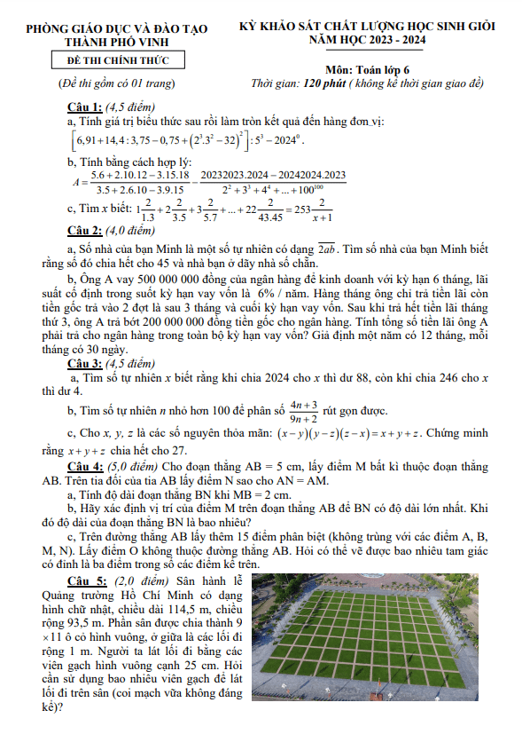 Đề KSCL học sinh giỏi Toán 6 năm 2023 – 2024 phòng GD&ĐT Vinh – Nghệ An
