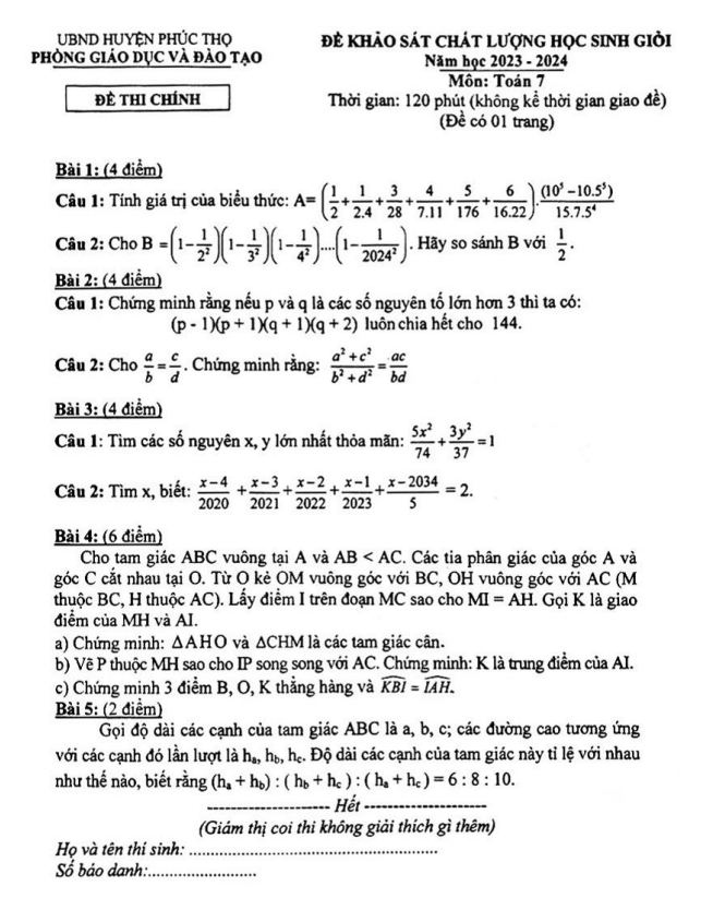 Đề KSCL học sinh giỏi Toán 7 năm 2023 – 2024 phòng GD&ĐT Phúc Thọ – Hà Nội