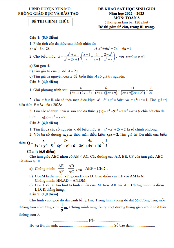 Đề KSCL học sinh giỏi Toán 8 năm 2022 – 2023 phòng GD&ĐT Yên Mô – Ninh Bình