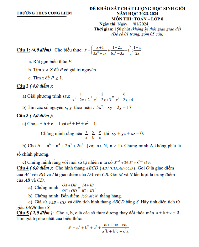 Đề KSCL học sinh giỏi Toán 8 năm 2023 – 2024 trường THCS Công Liêm – Thanh Hóa