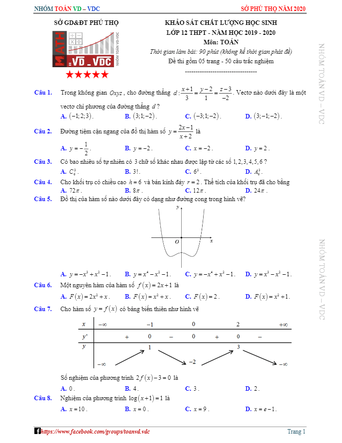 Đề KSCL học sinh lớp 12 môn Toán năm học 2019 – 2020 sở GD&ĐT Phú Thọ