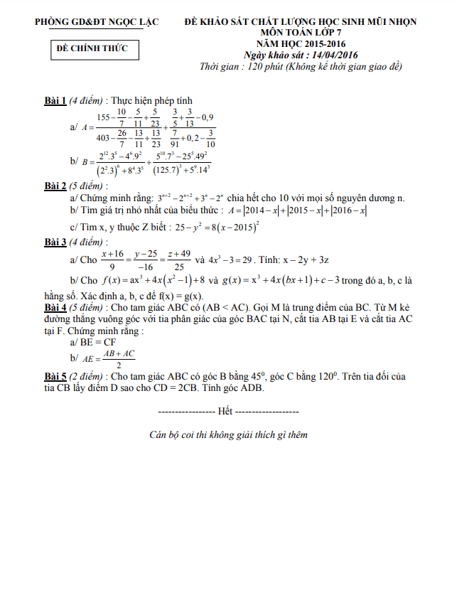 Đề KSCL học sinh mũi nhọn Toán 7 năm 2015 – 2016 phòng GD&ĐT Ngọc Lặc – Thanh Hóa