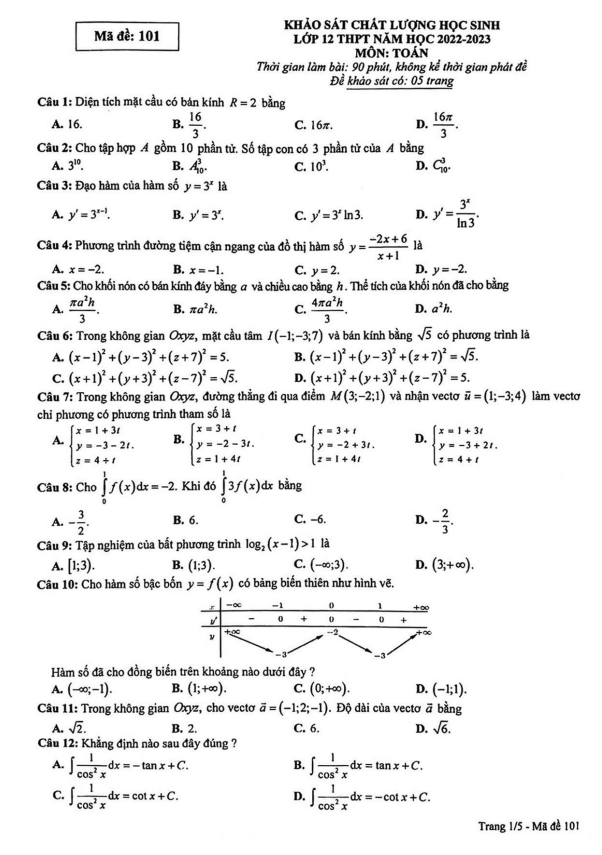 Đề KSCL học sinh Toán 12 lần 2 năm 2022 – 2023 sở GD&ĐT Phú Thọ