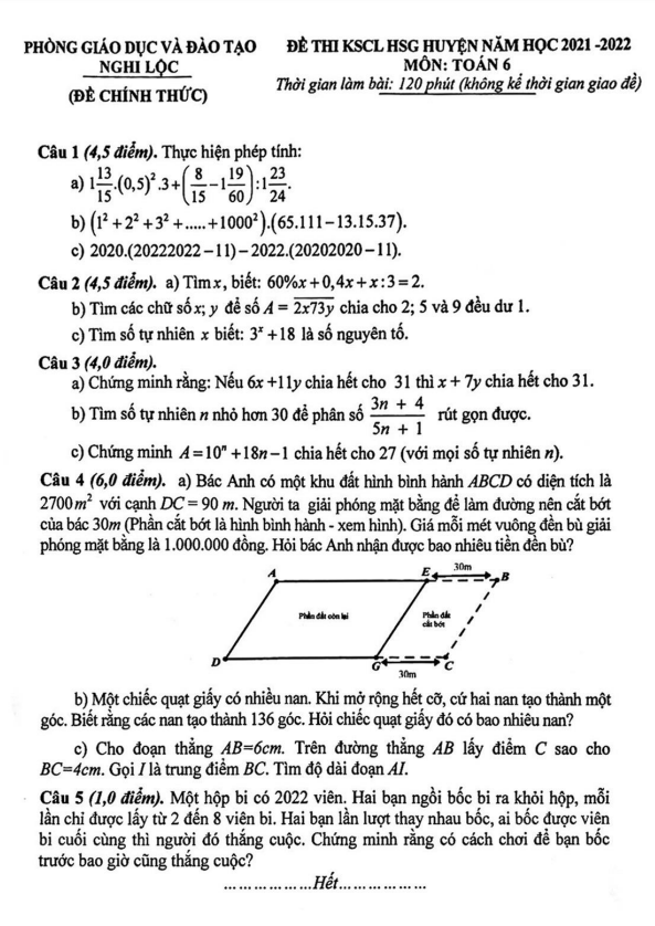 Đề KSCL HSG huyện Toán 6 năm 2021 – 2022 phòng GD&ĐT Nghi Lộc – Nghệ An