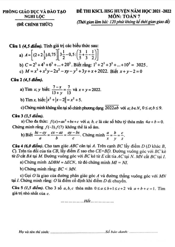 Đề KSCL HSG huyện Toán 7 năm 2021 – 2022 phòng GD&ĐT Nghi Lộc – Nghệ An