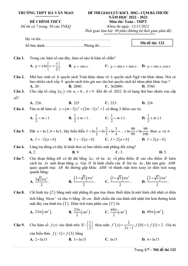 Đề KSCL HSG Toán THPT năm 2022 – 2023 trường THPT Hà Văn Mao – Thanh Hóa