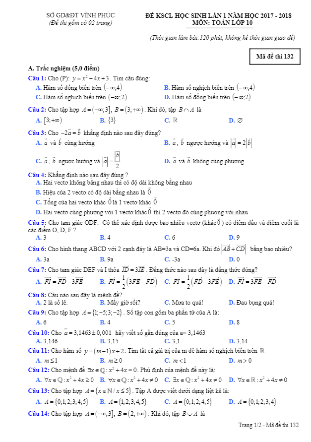 Đề KSCL lần 1 năm học 2017 – 2018 môn Toán 10 trường THPT Phạm Công Bình – Vĩnh Phúc