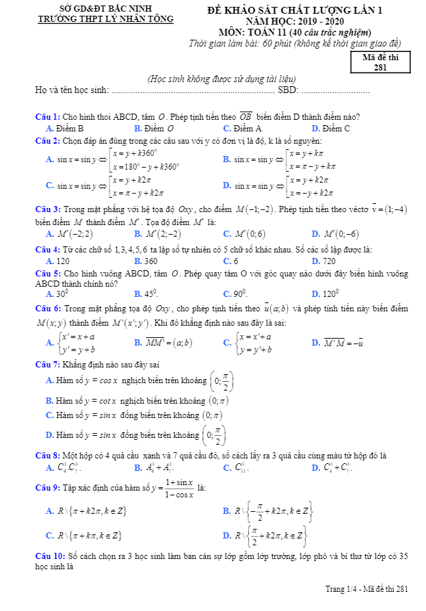 Đề KSCL lần 1 Toán 11 năm 2019 – 2020 trường THPT Lý Nhân Tông – Bắc Ninh