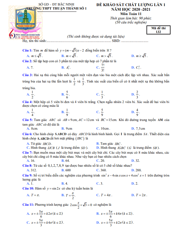 Đề KSCL lần 1 Toán 11 năm 2020 – 2021 trường THPT Thuận Thành 1 – Bắc Ninh